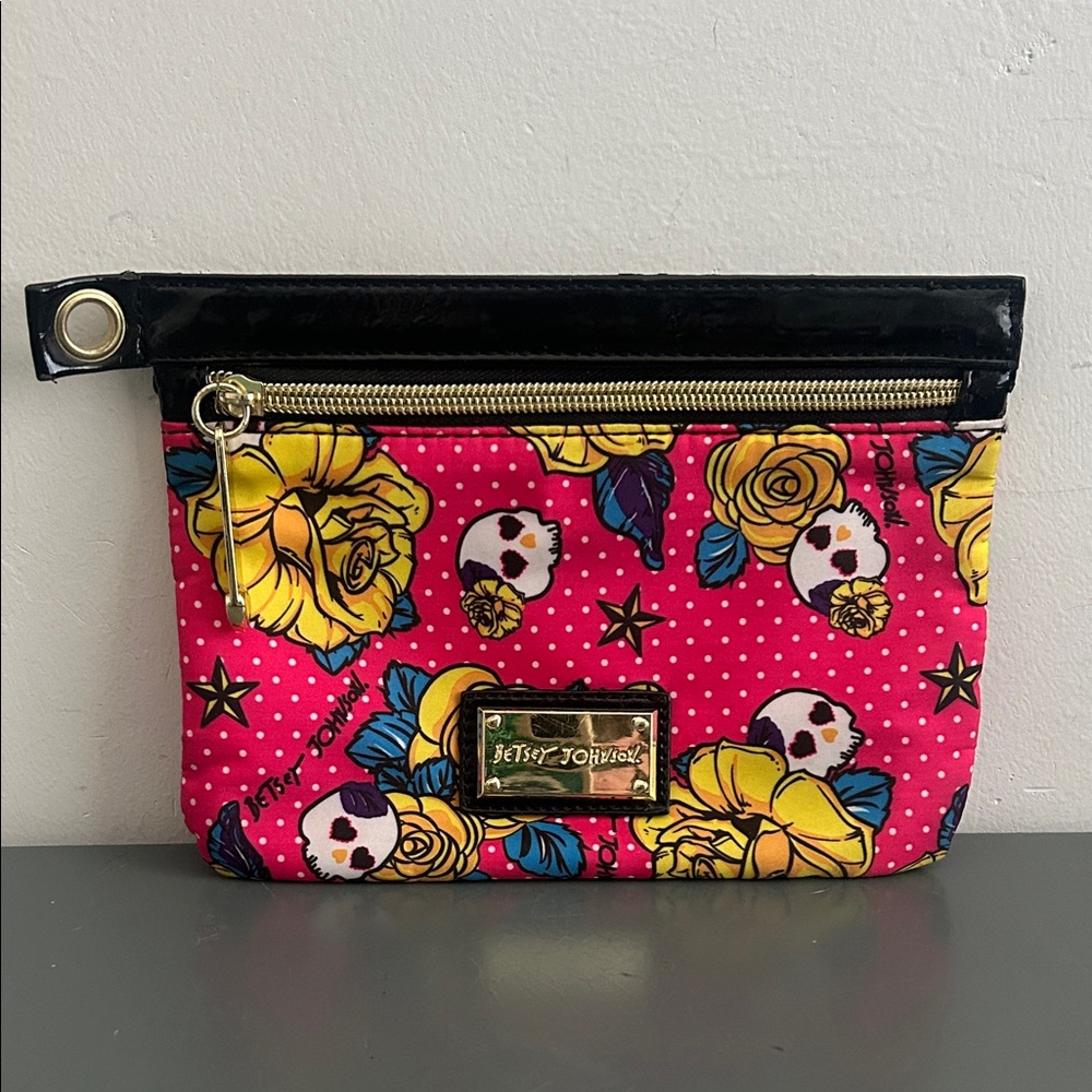 Betsey Johnson Hot Pink Floral Skull Small Makeup Bag